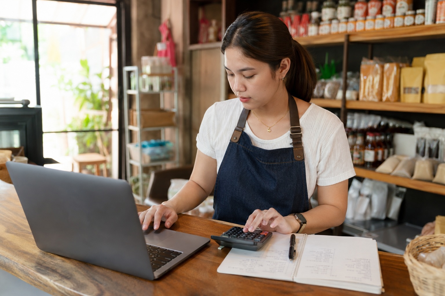 Filipino small business owner reviewing sales, inventory, and expense reports on a laptop to protect profit margins during a slow sales period