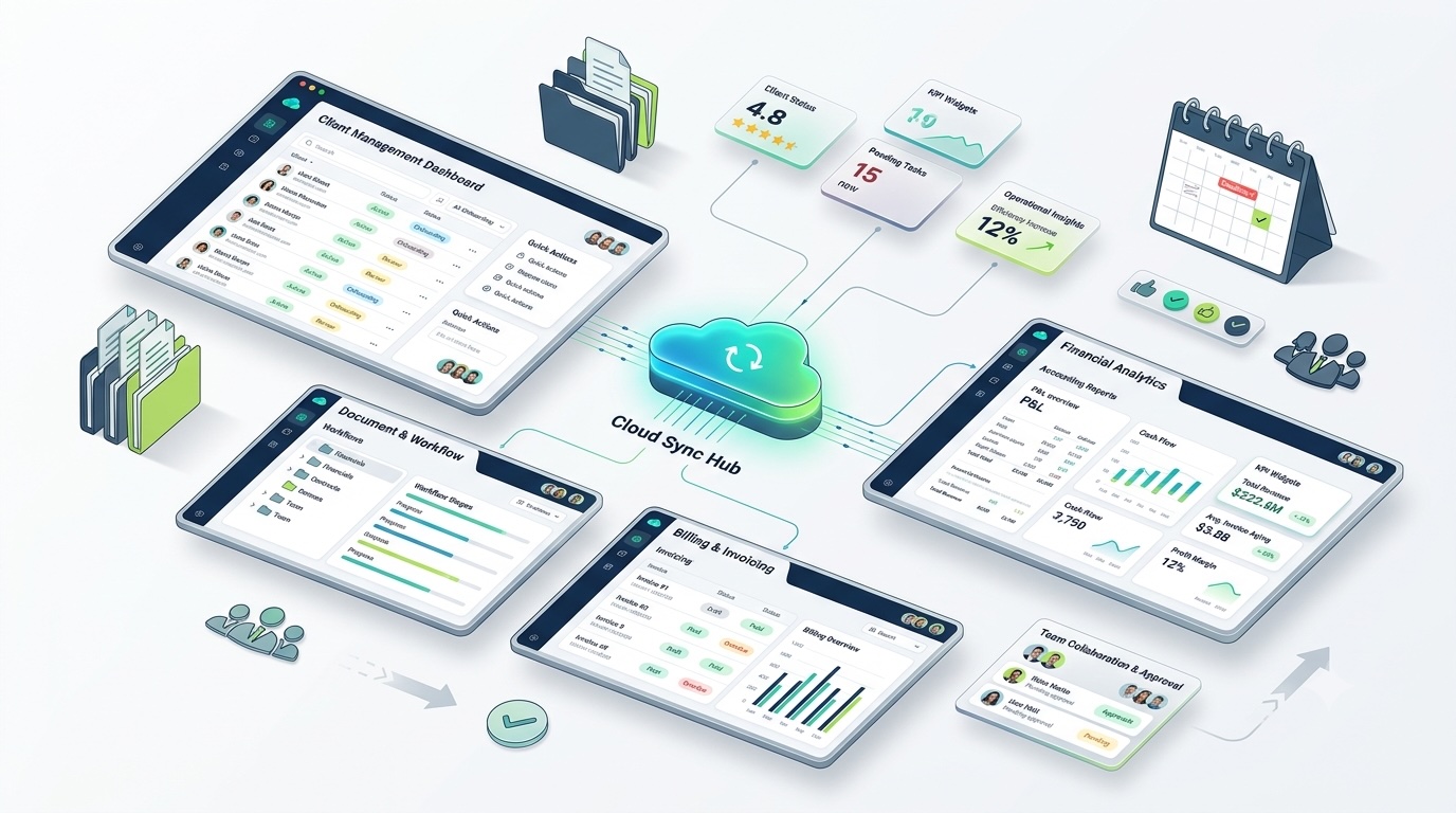 Isometric illustration of an accounting workspace with approval and reporting panels connected to the VentaHub operations dashboard
