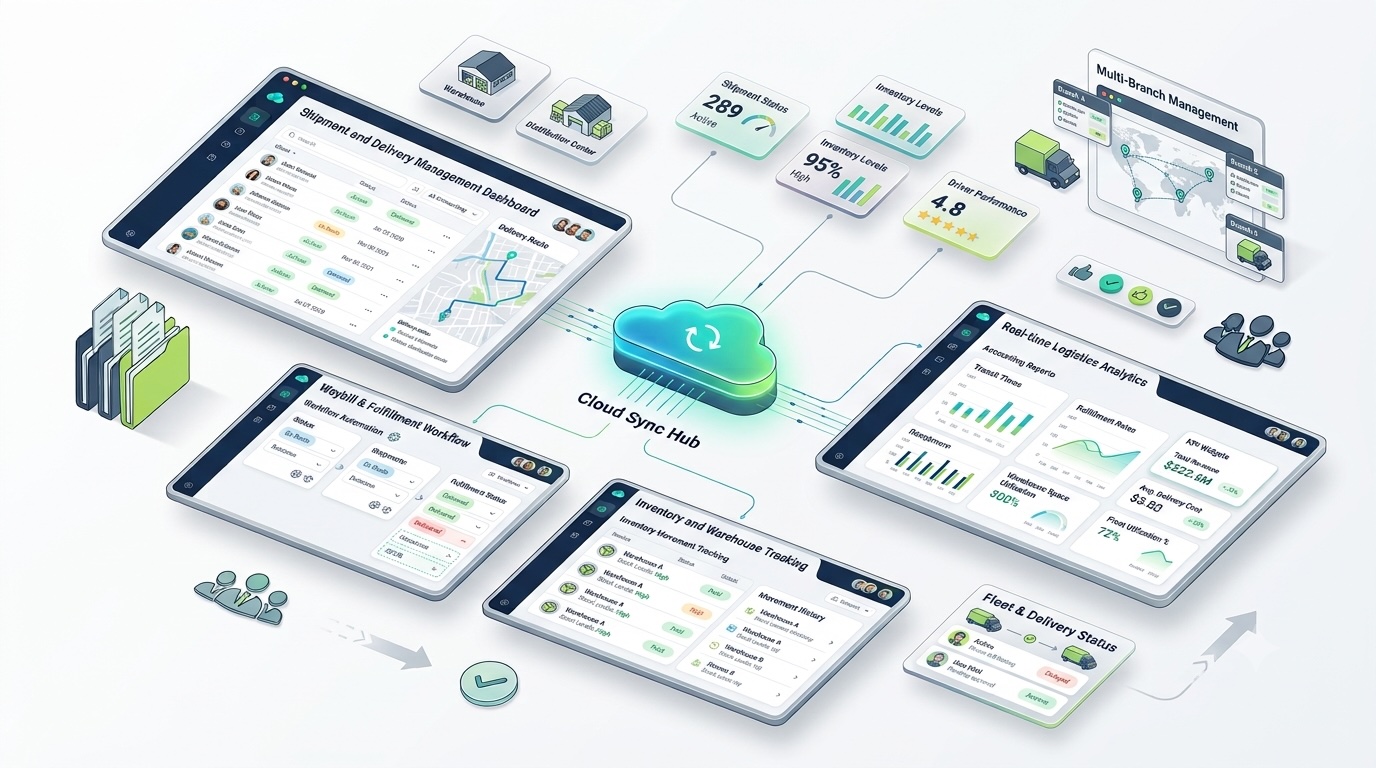 Isometric illustration of a retail storefront and stockroom connected to the VentaHub operations dashboard